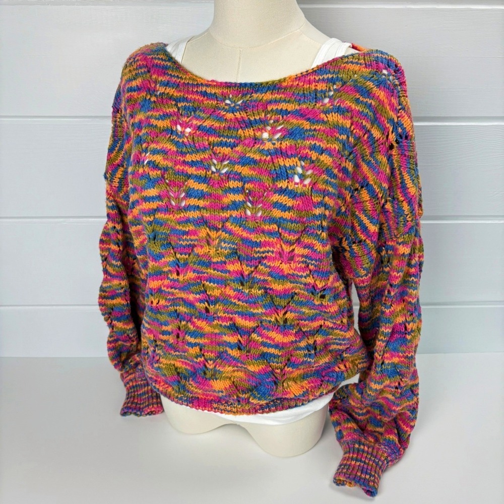 Wild Fable Rainbow Pointelle Sweater L Space Dye Open‎ Knit Balloon Sleeve Boho